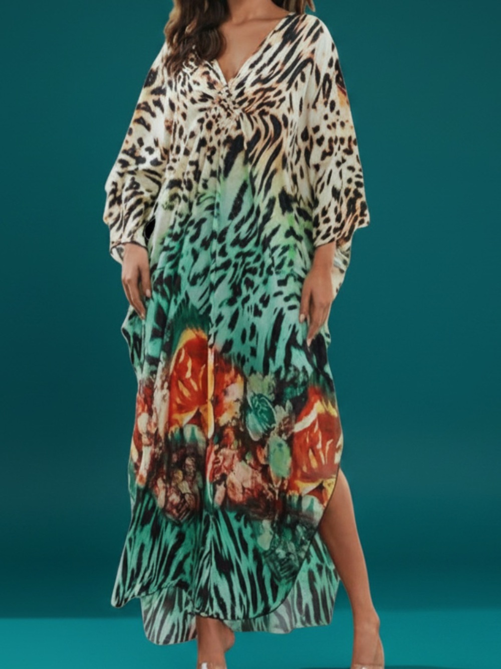 Women’s Green Floral & Animal Print Swim Cover-Up Kaftan